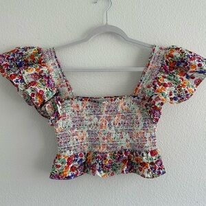 Floral Smocked Cropped Ruffle Sleeve Blouse | S